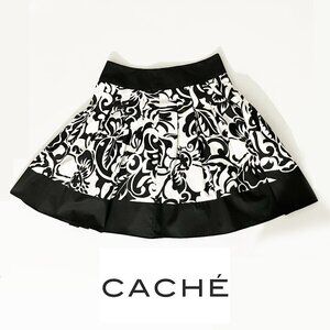 Cache Damask Black & White Floral Short Skirt w/Silver Trim & Pleats Size 0 EUC